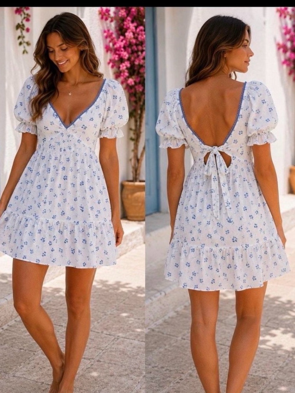 Simply Southern White Mini Dress with Blue Floral Trim size S. EUC